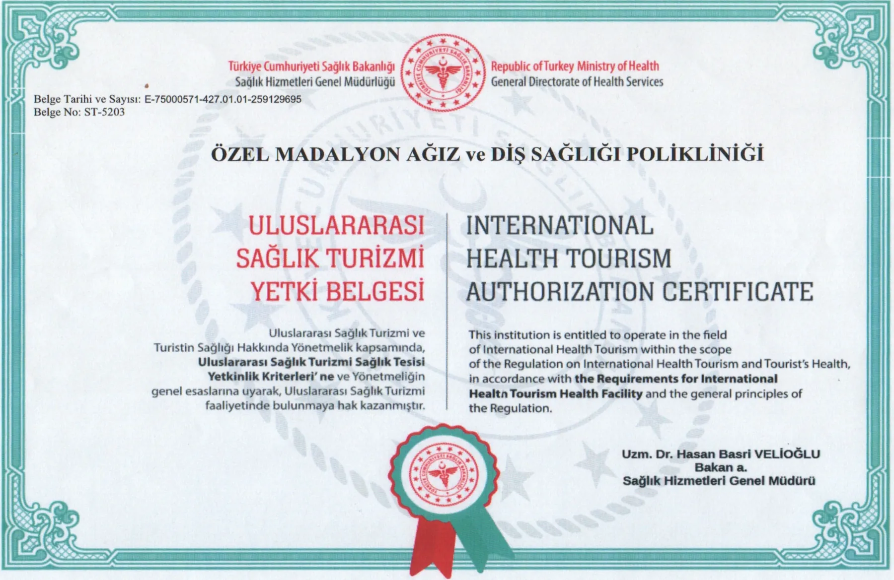 Madalyon Uluslararası Sağlık Turizmi Yetki Belgesi